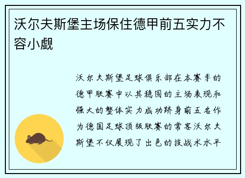 沃尔夫斯堡主场保住德甲前五实力不容小觑