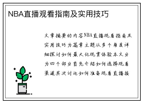 NBA直播观看指南及实用技巧