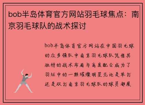 bob半岛体育官方网站羽毛球焦点：南京羽毛球队的战术探讨
