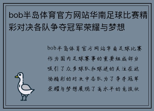 bob半岛体育官方网站华南足球比赛精彩对决各队争夺冠军荣耀与梦想