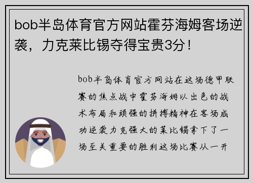 bob半岛体育官方网站霍芬海姆客场逆袭，力克莱比锡夺得宝贵3分！